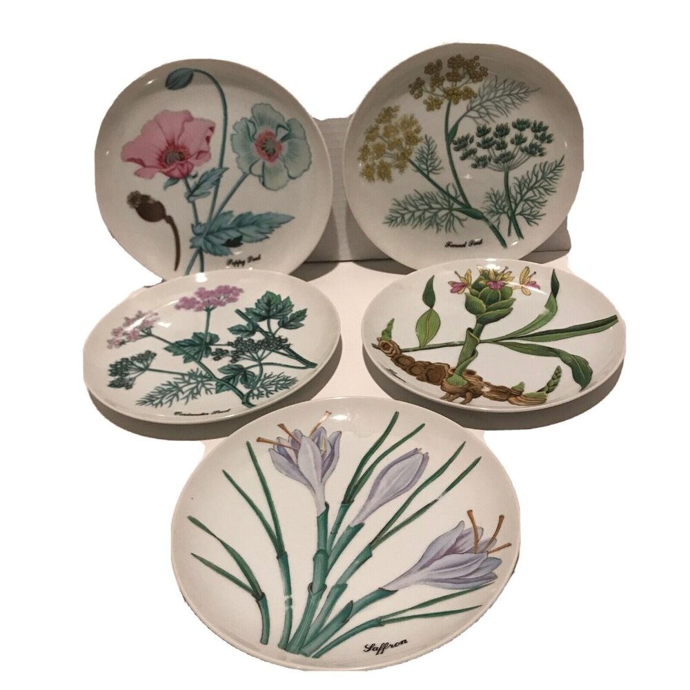 Vtg Shafford botanical 5 porcelain‎ salad plates herbs seeds poppy ginger Japan
